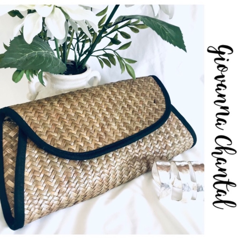 Natural Woven Straw Shoulder Clutch with Black Trim
